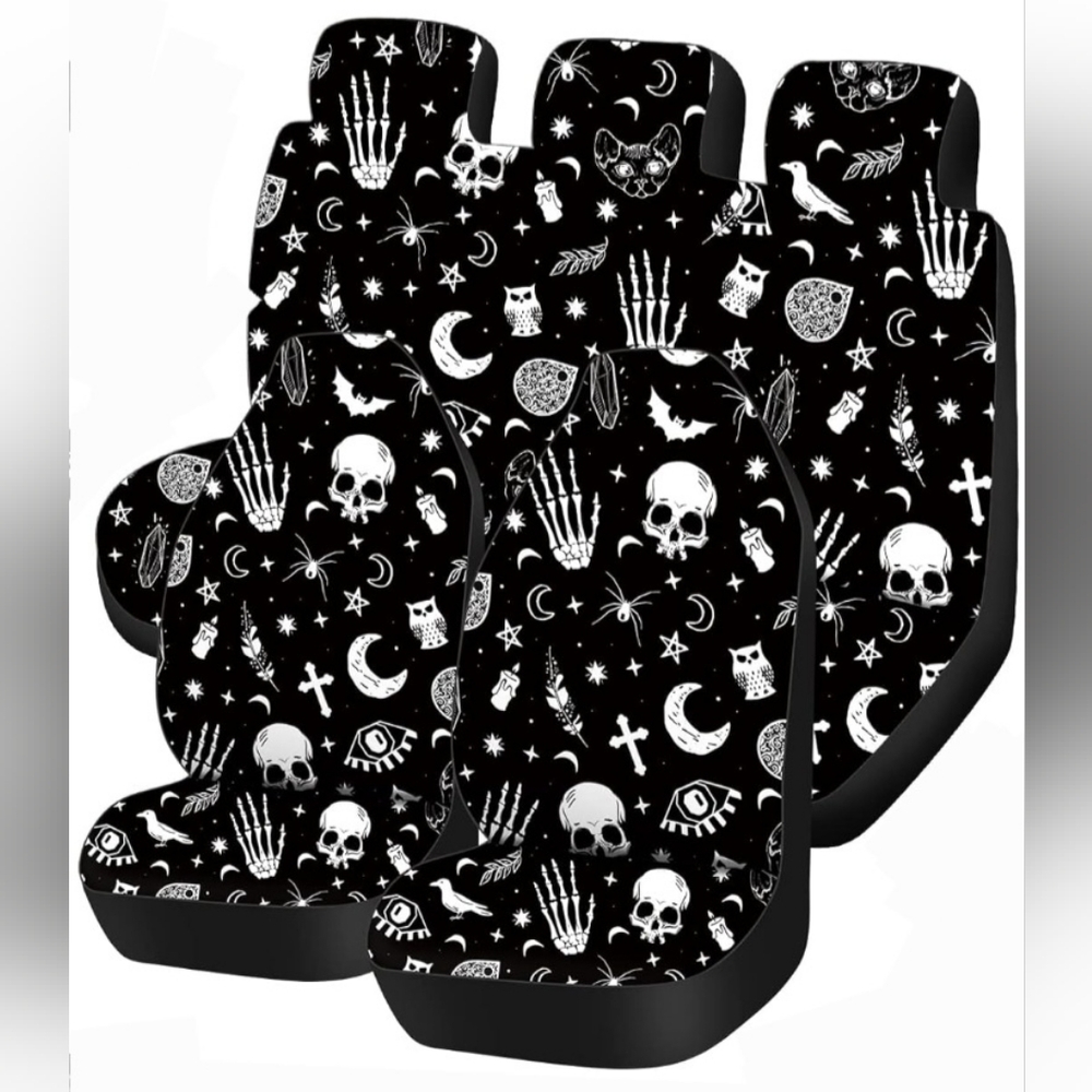 Car Seat Cover: Driver, Passenger and Back Seat - Skeleton Cat Moon and Stars